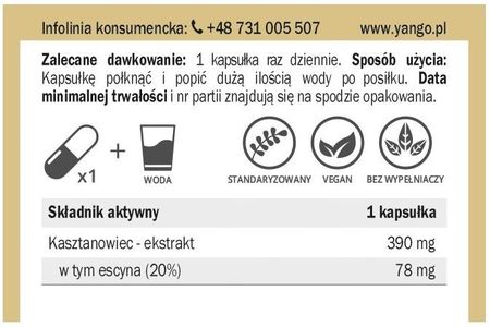 Yango Kasztanowiec 20% Escyny Wspomaga Krążenie Żylne Na Ociężałe Nogi 60Kaps. - zdjęcie 3