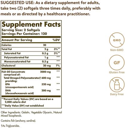 Solgar Omega-3 Fish Oil Concentrate Koncentrat Oleju Z Ryb, Omega-3, Epa,Dha 1000Mg 240Kaps. Żelowych - zdjęcie 3