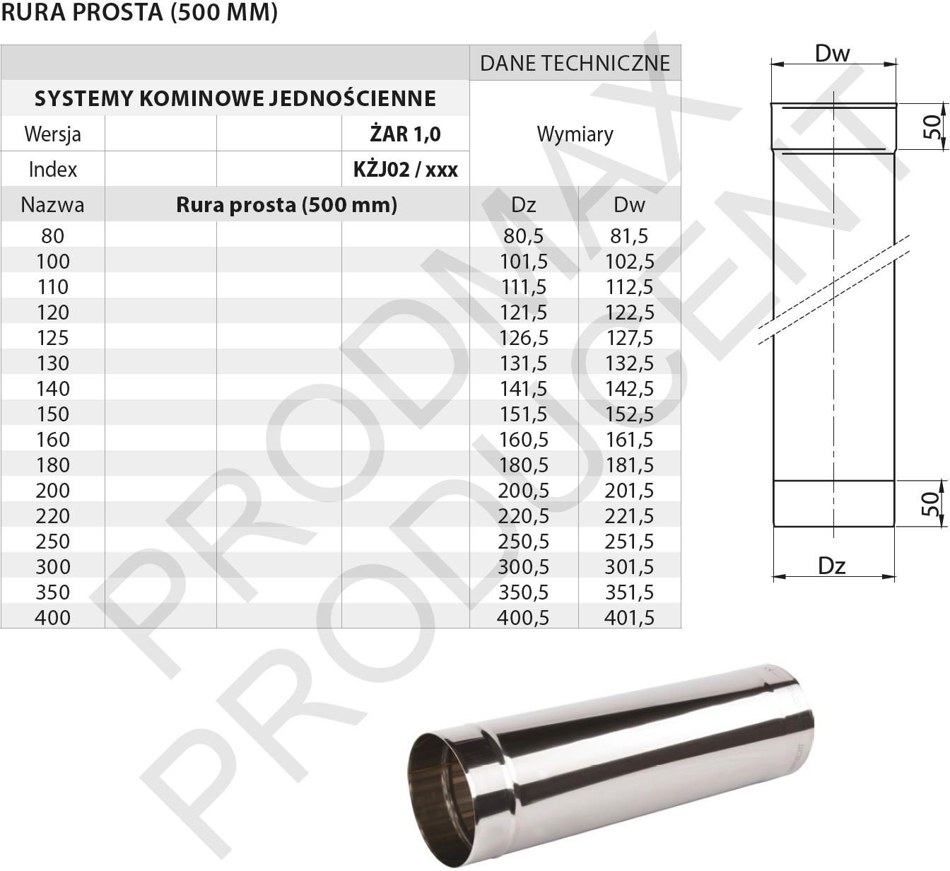 System kominkowy RURA ŻAROODPORNA 1MM 130 WKŁAD KOMINOWY KOMIN 0 5M