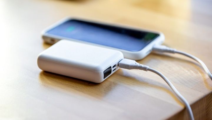 A smartphone is charged from a small white power bank.
