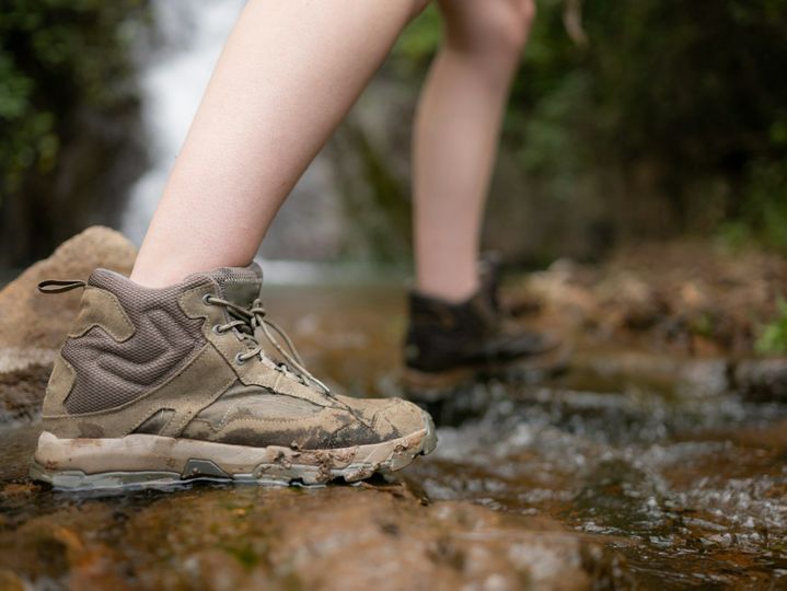 Hiking shoes on a log or rocks in the forest.