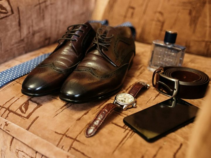 Elegant men's wedding shoes at groom morning.