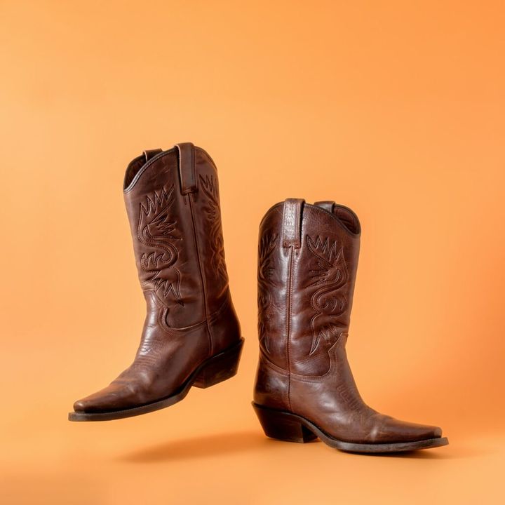 Two elegant classic cowboy boots on an orange clay background.