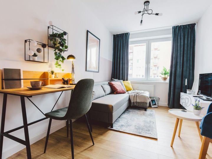 Interior of small apartment living room for home office.