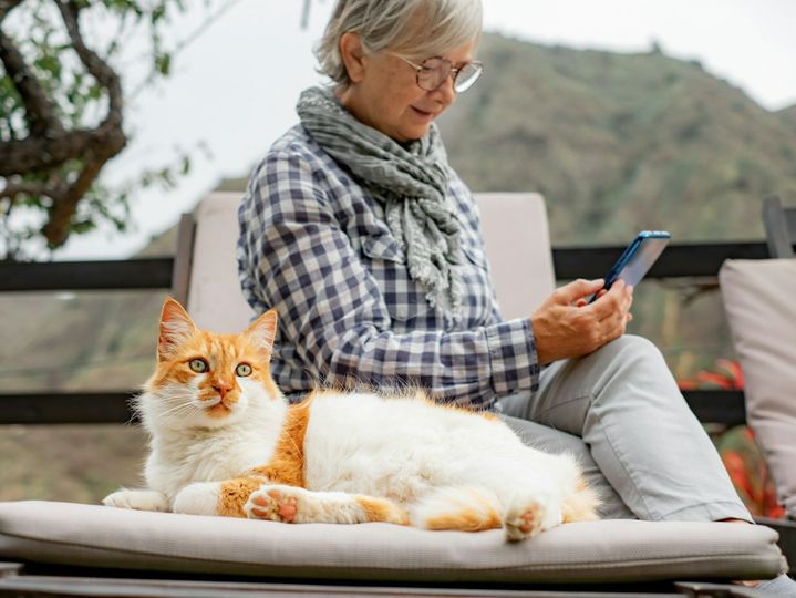 Cute older woman sitting outdoors on a chaise longue in the company of her beautiful cat