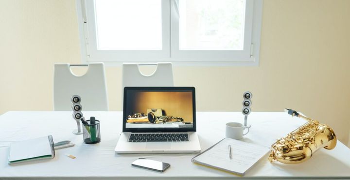 Work table after taking an online saxophone course.