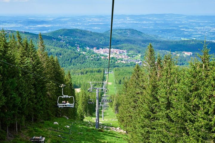 Mountains with open cable cars lift, Karpacz, Poland