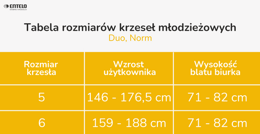 entelo tabela rozmiarów dla krzeseł dziecięcych