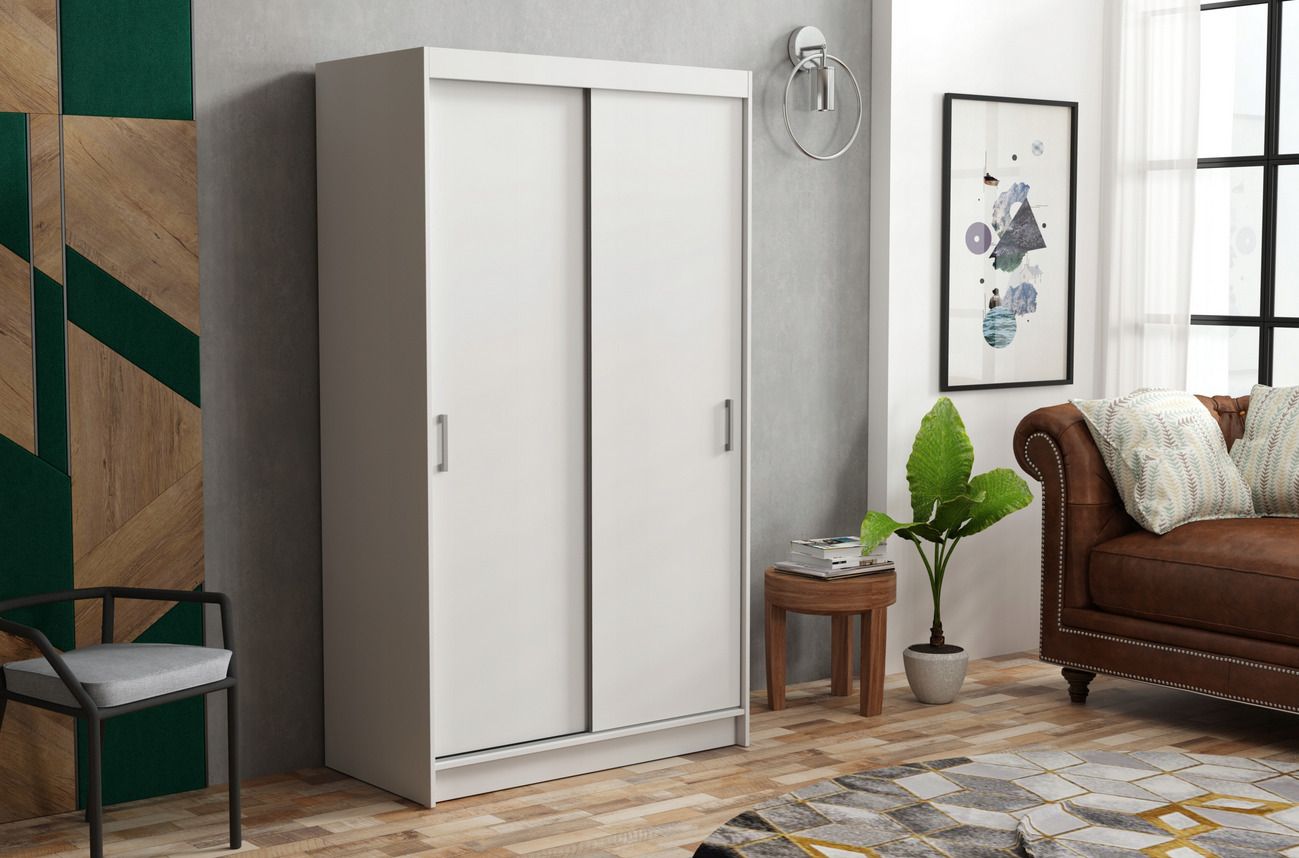SZAFA DWUDRZWIOWA PRZESUWNA BIAŁA 110CM pojemna garderoba do sypialni