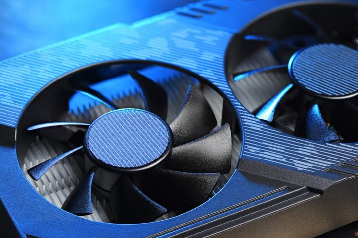 Computer gaming GPU graphic card with fan.