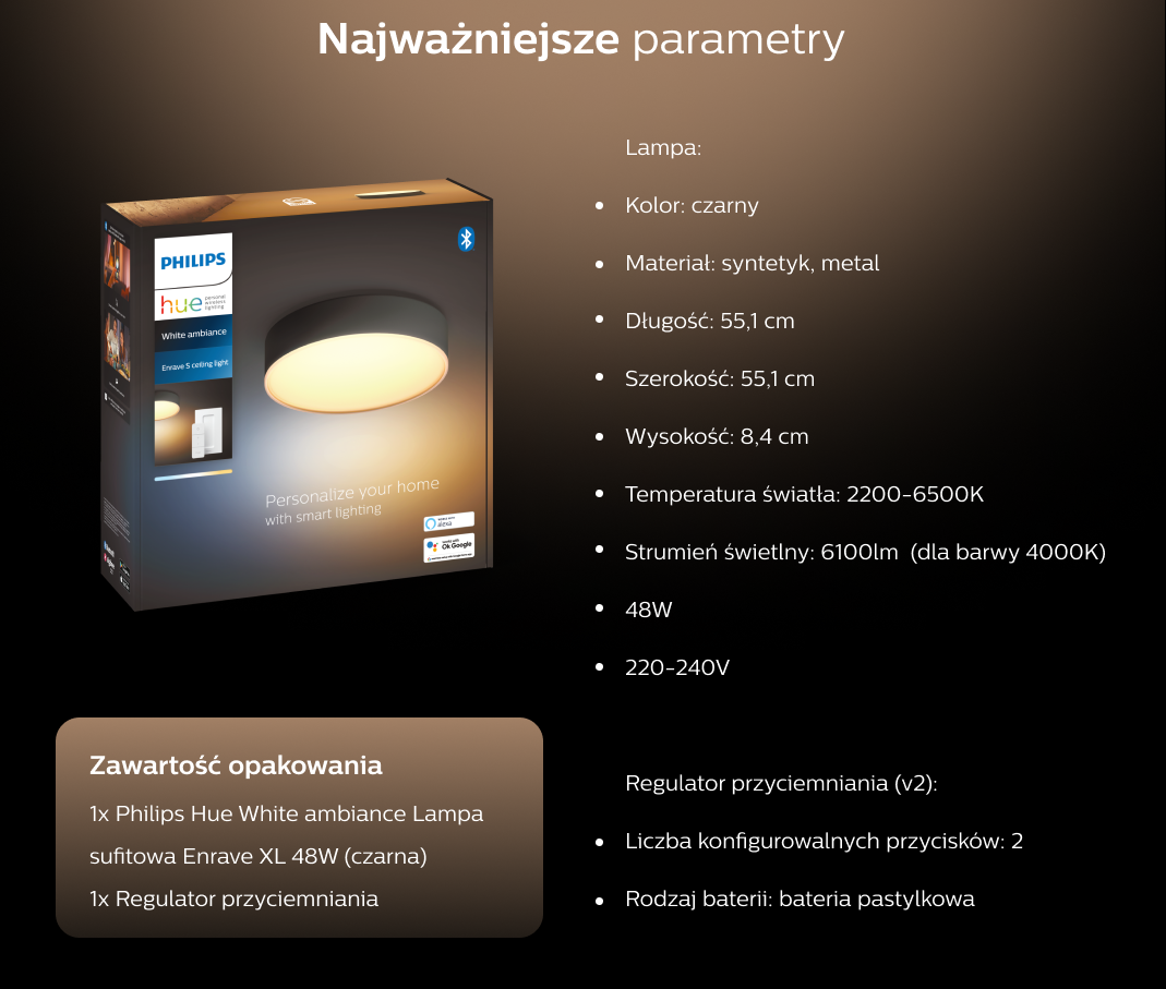 Philips Hue White Amb. Enrave plafonnier XL noir 4750 lm + dimmer