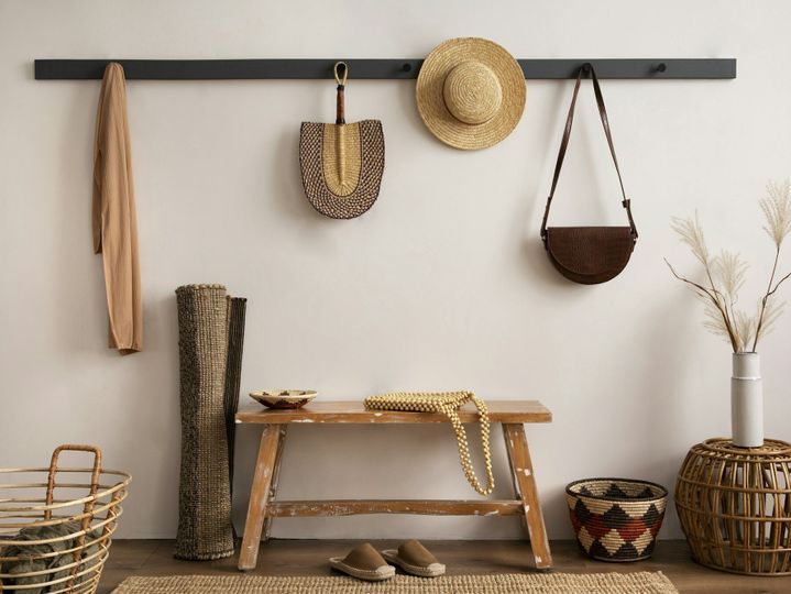 The stylish composition of cosy entryway with wooden basket, carpet, hanger