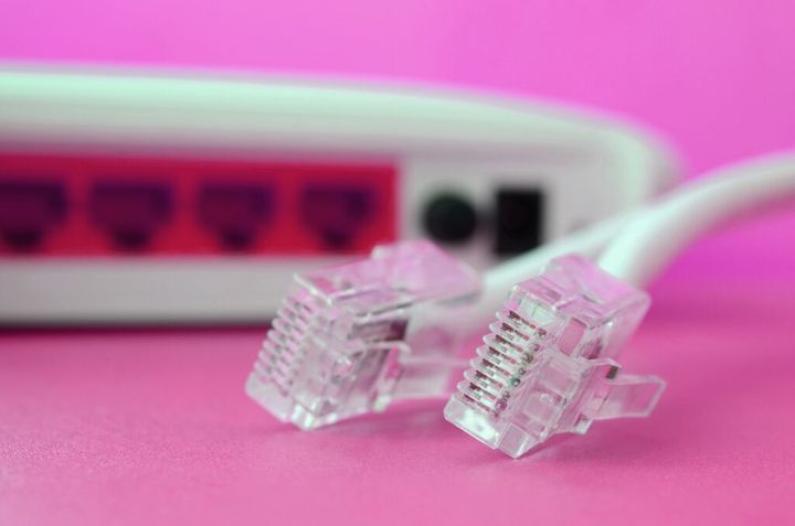 Internet router and Internet cable plugs lie on a bright pink background. Items required for Intern
