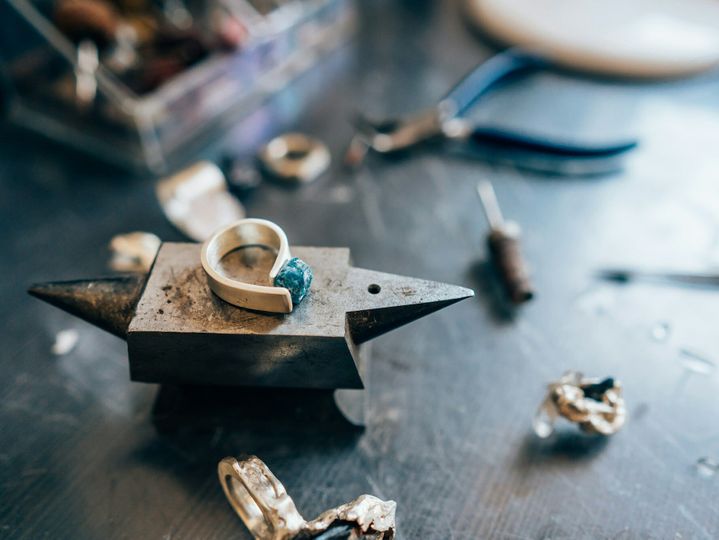 Different jewelery on the table from the jeweler from a close angle