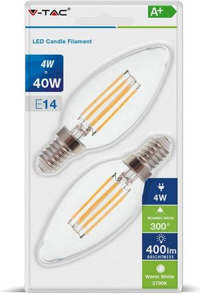 V-Tac Żarówki I Oprawy Led 4W Filament E14 Świeczka Przezroczysta 2700K (Blister 2Szt) (7365)