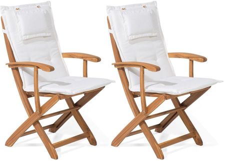 Beliani Zestaw 2 krzeseł ogrodowych biały drewno akacjowe składane z poduszkami Maui