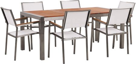 Beliani Zestaw ogrodowy stół blat drewno eukaliptus 180x90cm 6 krzeseł białych Grosseto