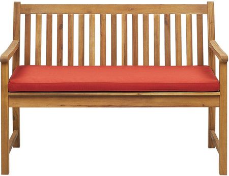 Beliani Klasyczna ławka ogrodowa 120 cm drewniana z poduszką czerwoną Vivara