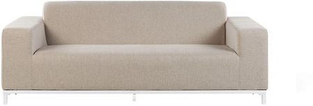 Beliani Sofa ogrodowa tapicerowana 3-osobowa odporna na UV beżowa białe nóżki Rovigo