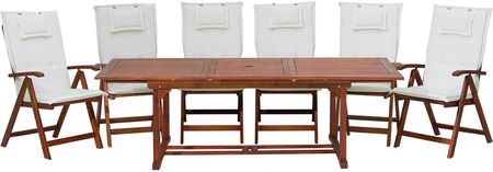 Beliani Zestaw ogrodowy drewno akacjowe stół i 6 krzeseł poduszki białe Toscana