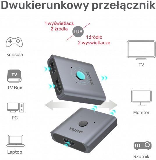 UNITEK PRZEŁĄCZNIK ROZDZIELACZ SPLITTER SWITCHER DWUKIERUNKOWY HDMI 2.0 4K 2-NA-1 (V1127A) - zdjęcie 4 UNITEK PRZEŁĄCZNIK ROZDZIELACZ SPLITTER SWITCHER DWUKIERUNKOWY HDMI 2.0 4K 2-NA-1 (V1127A)