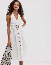 ASOS DESIGN – Lniana letnia sukienka midi zapinana na guziki, z dekoltem  halter i ozdobną sprzączką-Biały - Ceny i opinie 