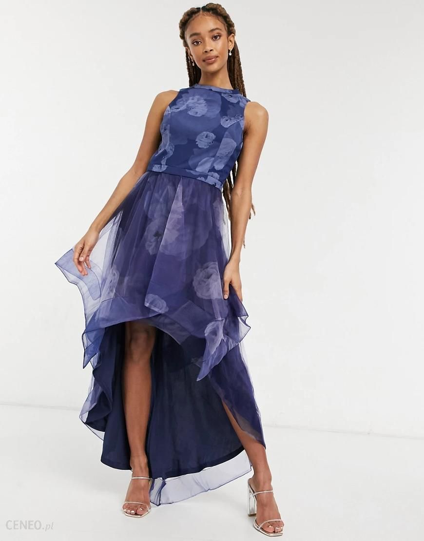 Chi Chi London – Farcia – Granatowa asymetryczna sukienka z siateczki w  kwiaty-Granatowy - Ceny i opinie 