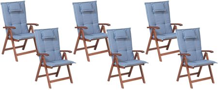 Beliani Zestaw 6 krzeseł ogrodowych drewno akacjowe z poduszkami niebieskimi Toscana