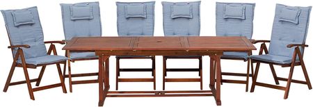 Beliani Zestaw ogrodowy drewno akacjowe stół 6 krzeseł poduszki niebieskie Toscana