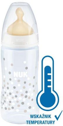 NUK First Choice+ ze wskaźnikiem temperatury smoczek lateksowy 300ml 0-6M biały/kropki