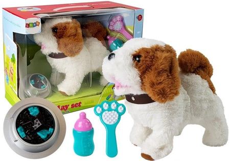 Lean Toys Pluszowy Pies Na Baterie Biały W Łaty Rusza Ogonem Dźwięk