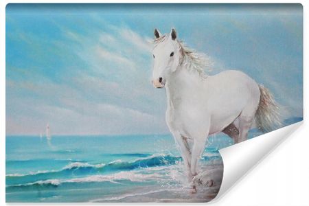 Muralo Fototapeta Biały Koń Morze Plaża Widok 3D 405X270