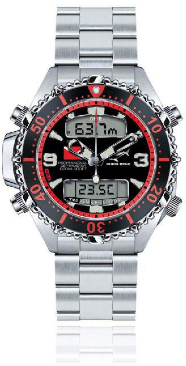 Chris Benz Orologio Subacqueo Uomo CB-D200X-SI-MB – Quarzo, Profondimetro Digitale 200m, Cassa Acciaio, Cinturino Caucciù