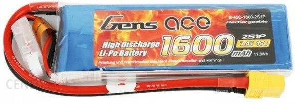Batterie LiPo GensAce 1600mAh 7.4V 45C 2S1P XT60 