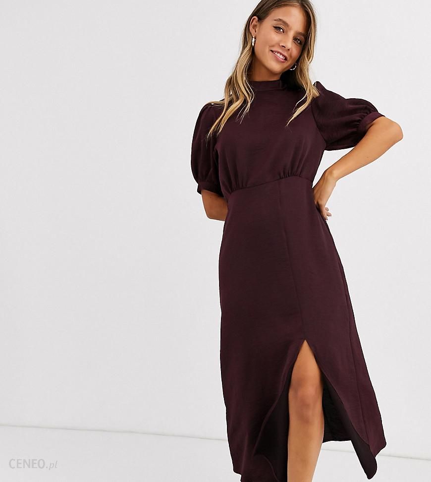 New Look – Bordowa satynowa sukienka midi z półgolfem i rozcięciem-Czerwony  - Ceny i opinie 