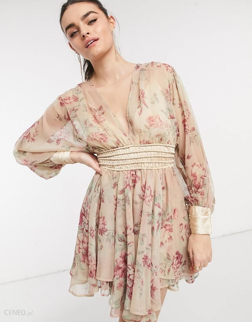 ASOS DESIGN – Luźna kwiecista sukienka mini z satynową talią i sznurowanym  tyłem-Wielokolorowy - Ceny i opinie 