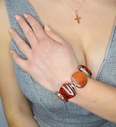 DIAMENT BRANSOLETKA SREBRNA SZEROKA Z BURSZTYNEM I KARNEOLEM