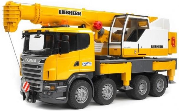 Bruder Scania z dźwigiem Liebherr z modułem sygnalizacyjnym (03570)