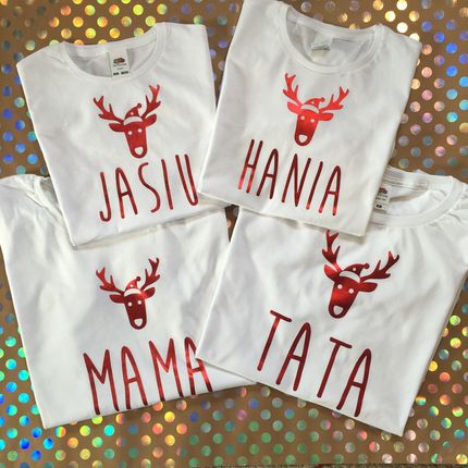 Świąteczne Koszulki z Imionami 4 koszulki - Zestaw koszulek dla całej rodziny