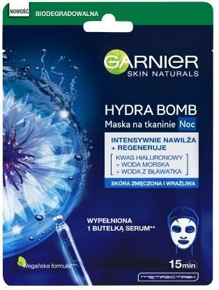 Garnier Skin Naturals Hydra Bomb Maska na tkaninie na noc regenerująca z wodą z bławatka 28 g