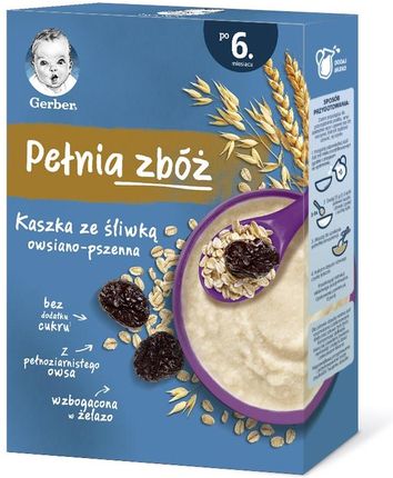 Gerber Pełnia zbóż Kaszka owsiano-pszenna ze śliwką dla niemowląt po 6 miesiącu 200g