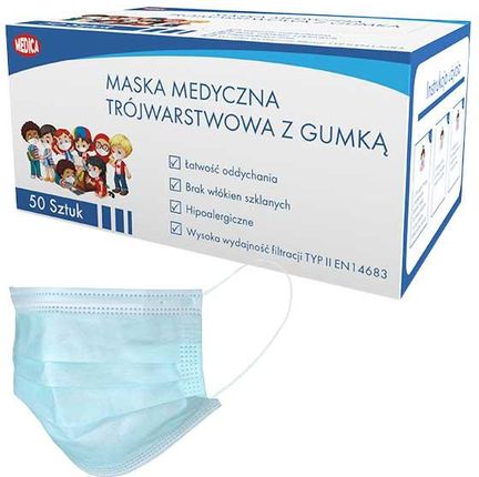 Medica Medica Maska Medyczna Z Gumką Dziecięca 3-Warstwowa 50szt.