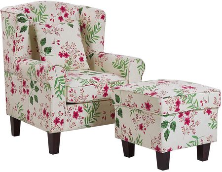 Beliani Klasyczny fotel z podnóżkiem kwiatowy wzór drewniane nóżki kremowy Hamar