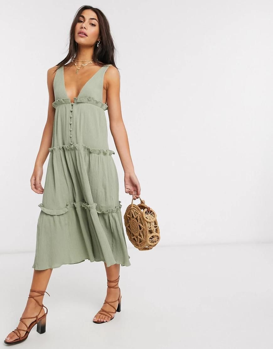 ASOS DESIGN – Warstwowa letnia sukienka midi z marszczonego materiału z  guzikami z przodu w kolorze khaki-Zielony - Ceny i opinie 