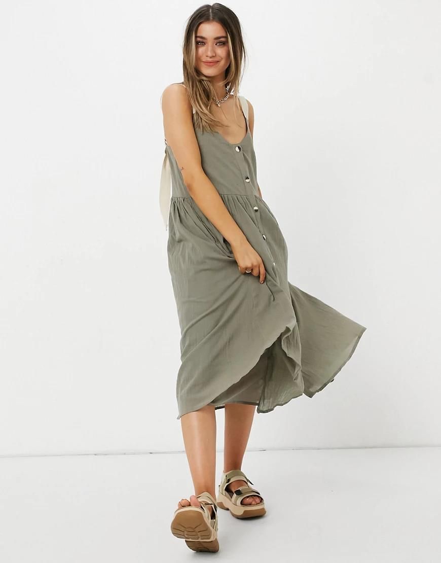 ASOS DESIGN – Sukienka letnia midi o luźnym kroju w kolorze khaki zapinana  na guziki z rypsowymi ramiączkami-Zielony - Ceny i opinie 