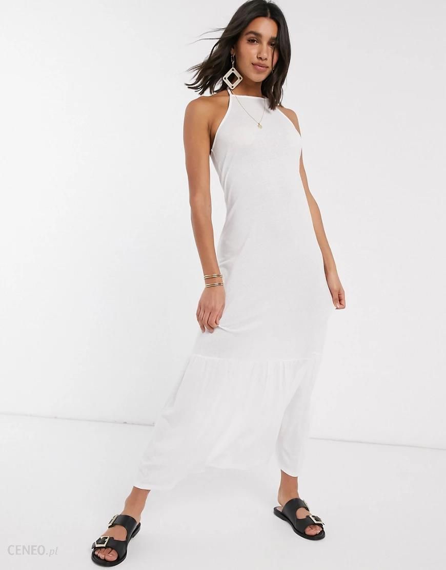 ASOS DESIGN – Biała sukienka maxi z kwadratowym dekoltem typu halter i  falbaną u dołu-Biały - Ceny i opinie 