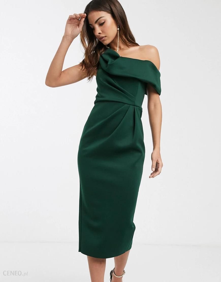 ASOS DESIGN – Ciemnozielona ołówkowa sukienka midi z drapowaniem i  odkrytymi ramionami-Zielony - Ceny i opinie 