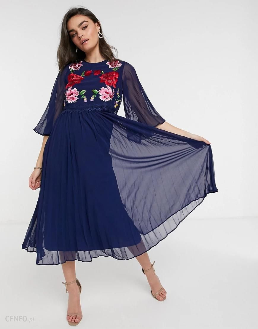 ASOS DESIGN – Granatowa plisowana sukienka midi z ozdobnym haftem-Granatowy  - Ceny i opinie 