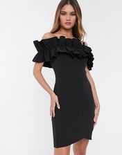 River Island – Czarna sukienka z odkrytymi ramionami i wykończeniem z  przymarszczonej falbany-Czarny - Ceny i opinie 