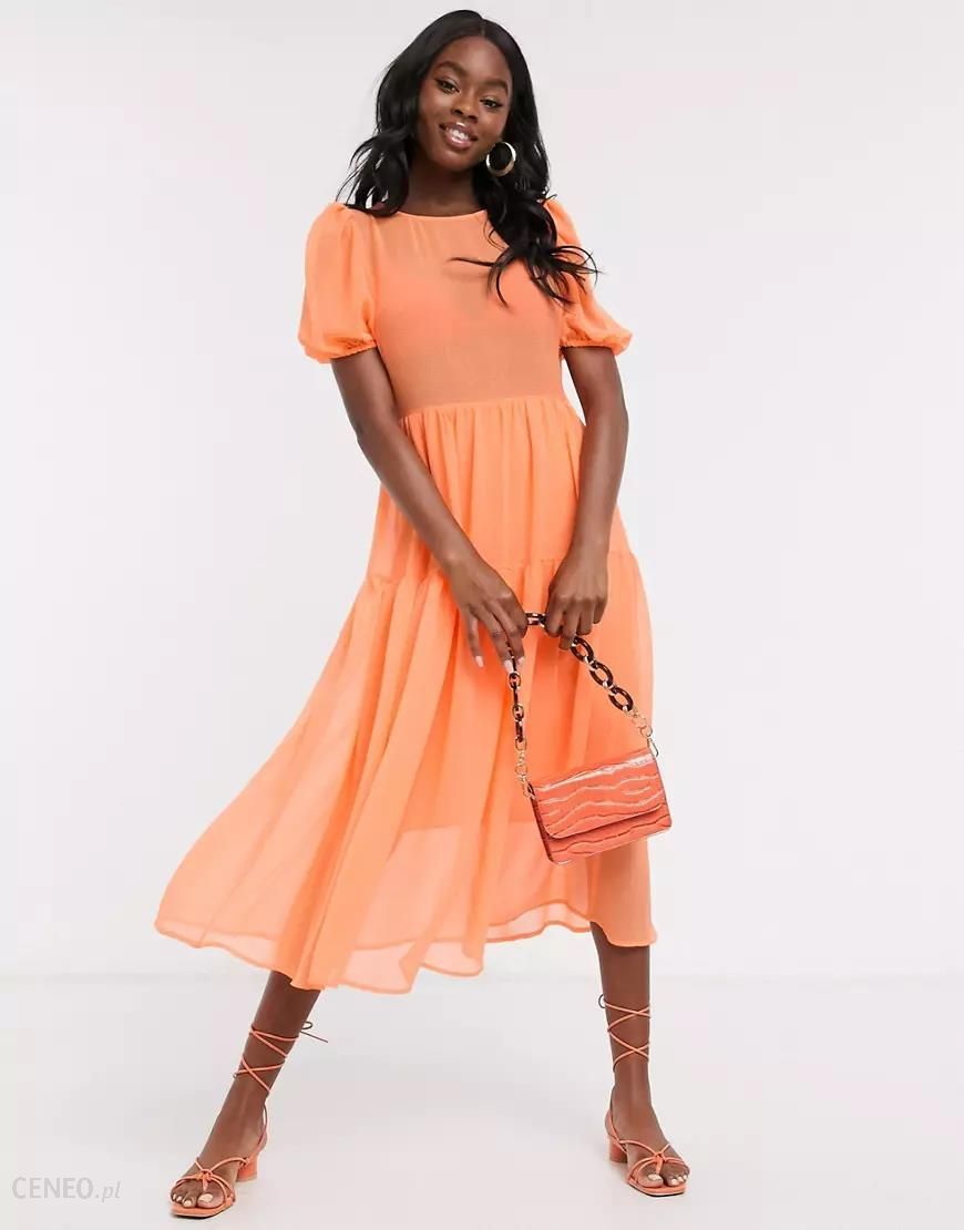 Never Fully Dressed – Pomarańczowa neonowa prześwitująca warstwowa sukienka  maxi z bufkami-Pomarańczowy - Ceny i opinie 